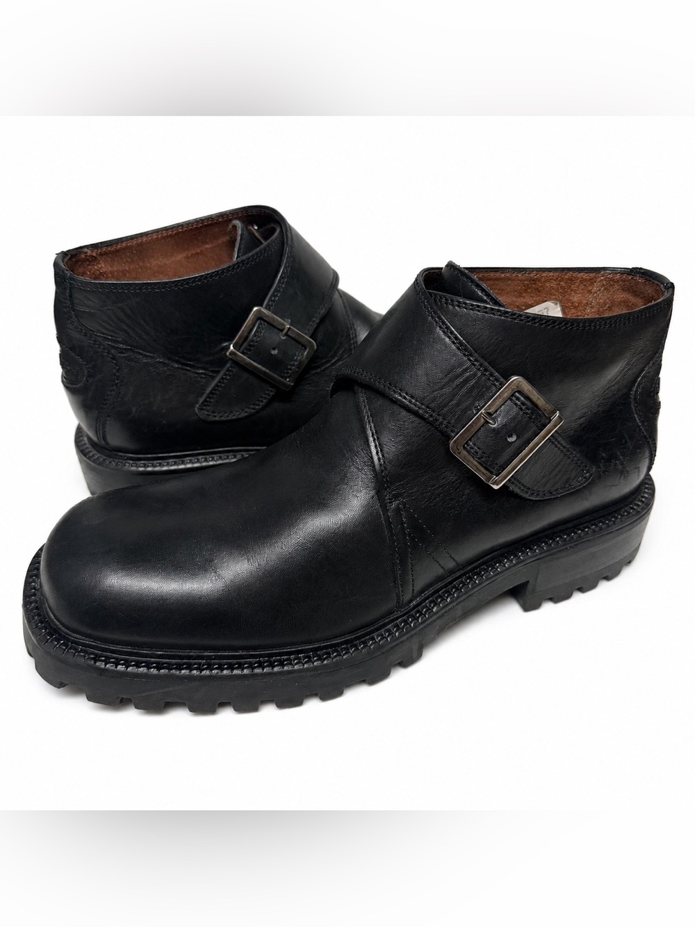 Kenneth Cole Reaction Men’s 9.5 Black Leather Monk Strap Ankle Boots Lug Sole